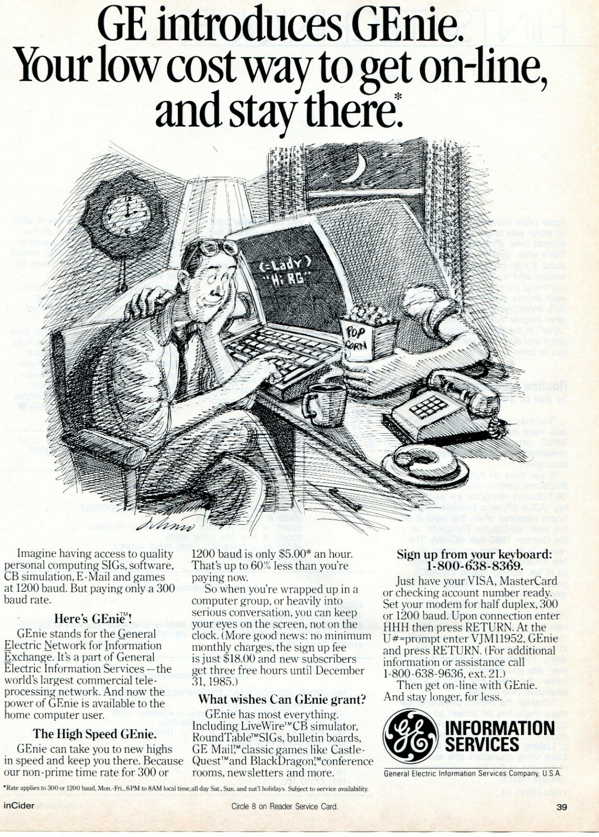 A cartoon drawing of a man sitting in front of his computer at 2am. The computer has arms that it is using to hug the man while holding a box of popcorn. On the computer’s screen there is a chat window with someone named Lady.