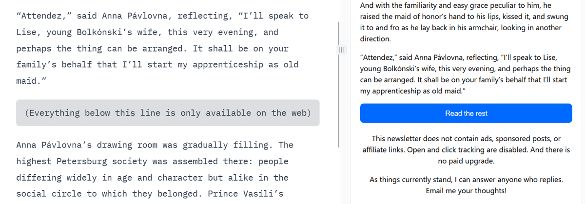 An example of Buttondown's webwall component, showing that everything above the component is visible in email while everything below is only visible in web archives.