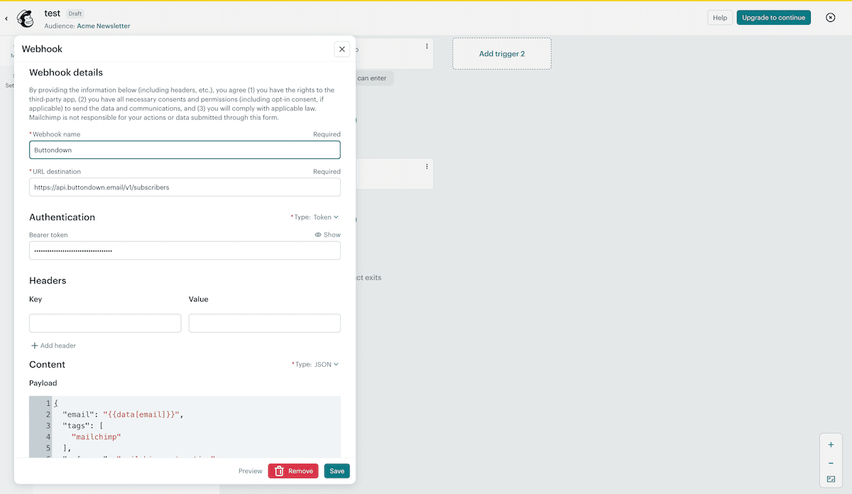 Add Buttondown API to Mailchimp webhooks automation
