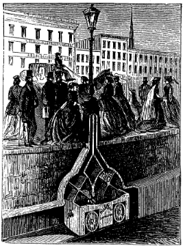A diagram of lampost mailbox, depicting how traveling pneumatic cars would open a chute to accept waiting mail