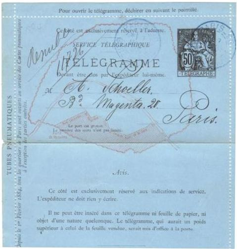 A “petit bleu” pneumatic postcard from the Paris postal service