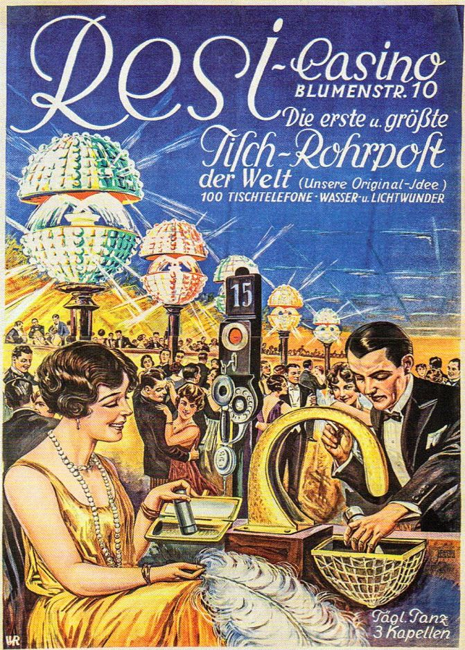 A poster advertising Berlin’s Rezi nightclub, there are dozens of people sitting at booths, each one equipped with a numbered tableside phone and a basket to catch incoming pneumatic canisters