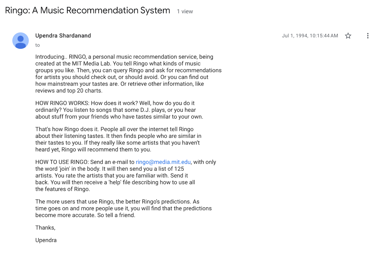 Ringo music AI promotion email on USENET