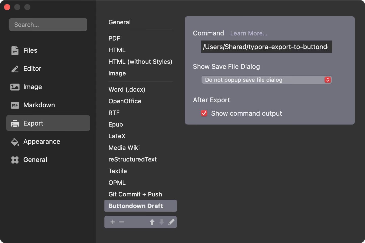 Screenshot that shows export settings in Typora