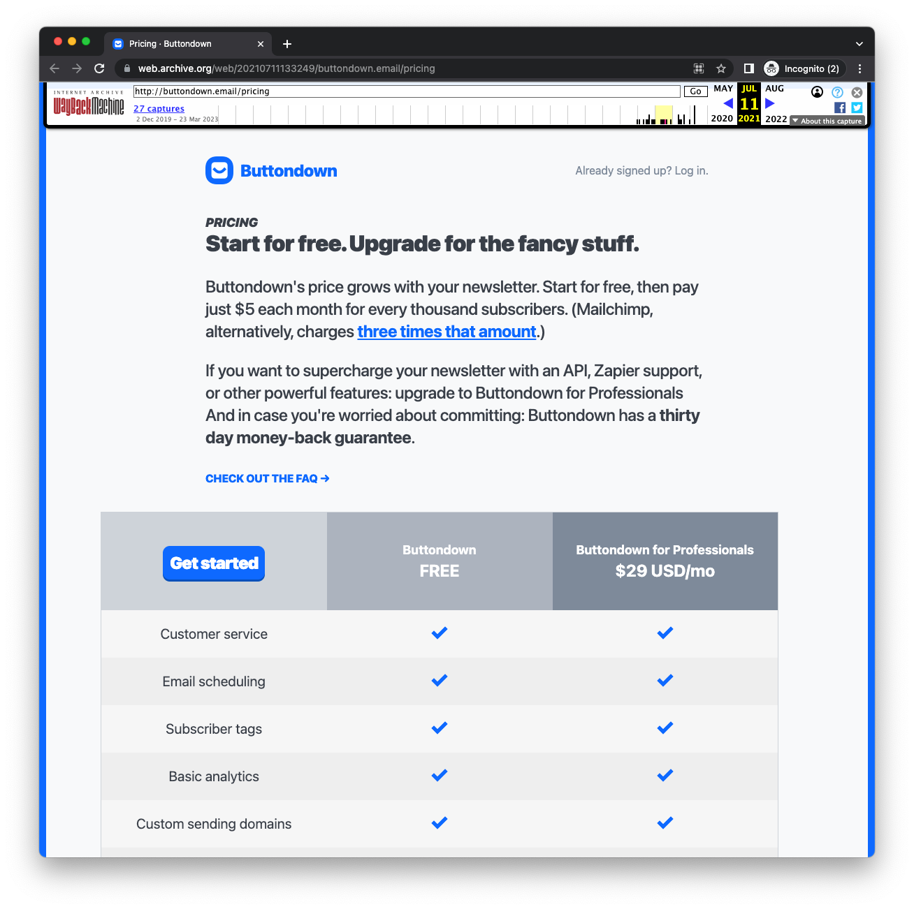 Buttondown's pricing page circa 2020