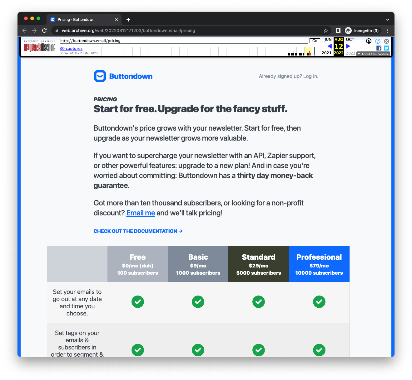 Buttondown's pricing page circa 2022
